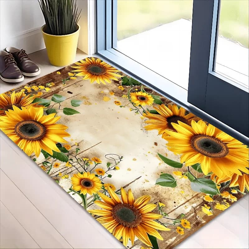 Floral Print Doormat Clover Sunflower Art Pattern Non Slip Floor Rug for Indoor Entrance Hallway Bathroom Home House Decoration