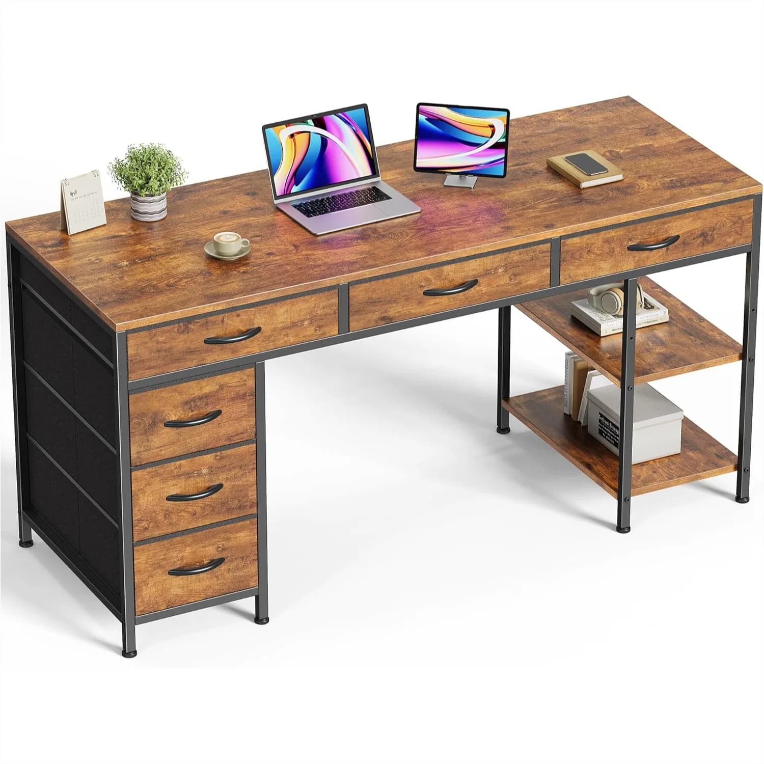 Scrivania per Computer con 6 Cassetti, Scrivania da Gaming Reversibile, Scrivania da Ufficio con Scaffali, Mobile Angolare per Home Office, 54 Pollici Stile Rustico