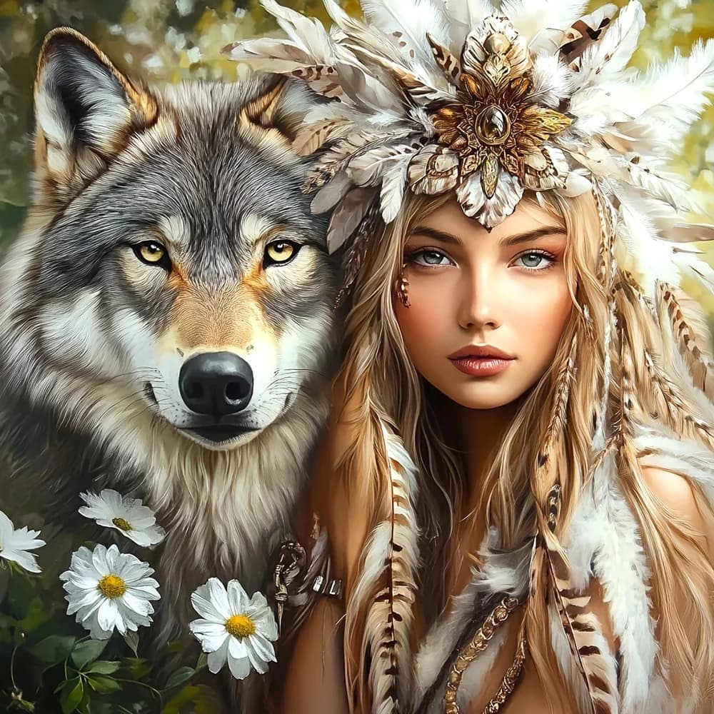 EverShine Diamond Mosaic Wolf Woman Embroidery Feather DIY 5D Full Drill Diamond Art Painting Kit Animal Home Leisure Gift