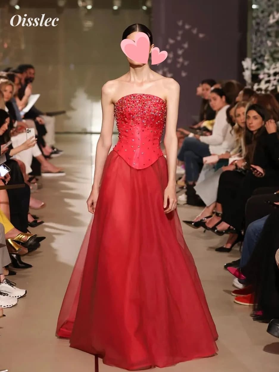 Oisslec Dress elegante Vintage Sweet Sexy Red Crystal Beading Backless personalizza abiti da sera per abiti da ballo per occasioni formali