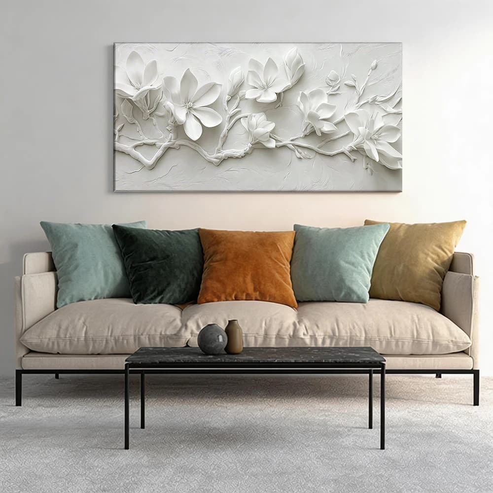 Painted on canvas with large wooden frame, 1 piece, wall decoration with white magnolia.