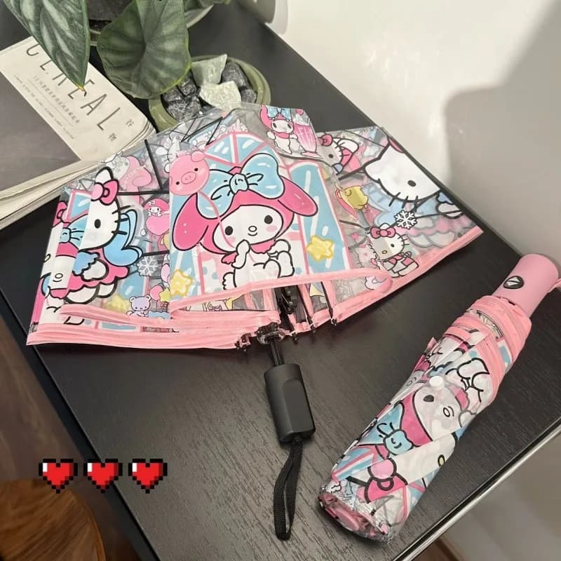 New 2026 Sanrio Hangyodon Transparent Umbrella Kuromi Automatic Cinnamoroll Windproof Thick Portable for Teen Girls Daily Toys