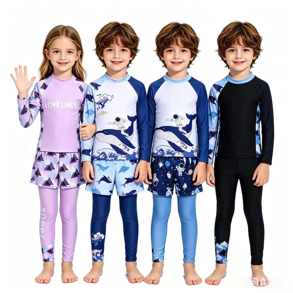Boys 3Pcs Split Rash Guard Swimsuit Long Sleeve Cartoon Unicorn Whale Quick Dry Swim Shorts Legging Kids Beach Surf Bathing Suit