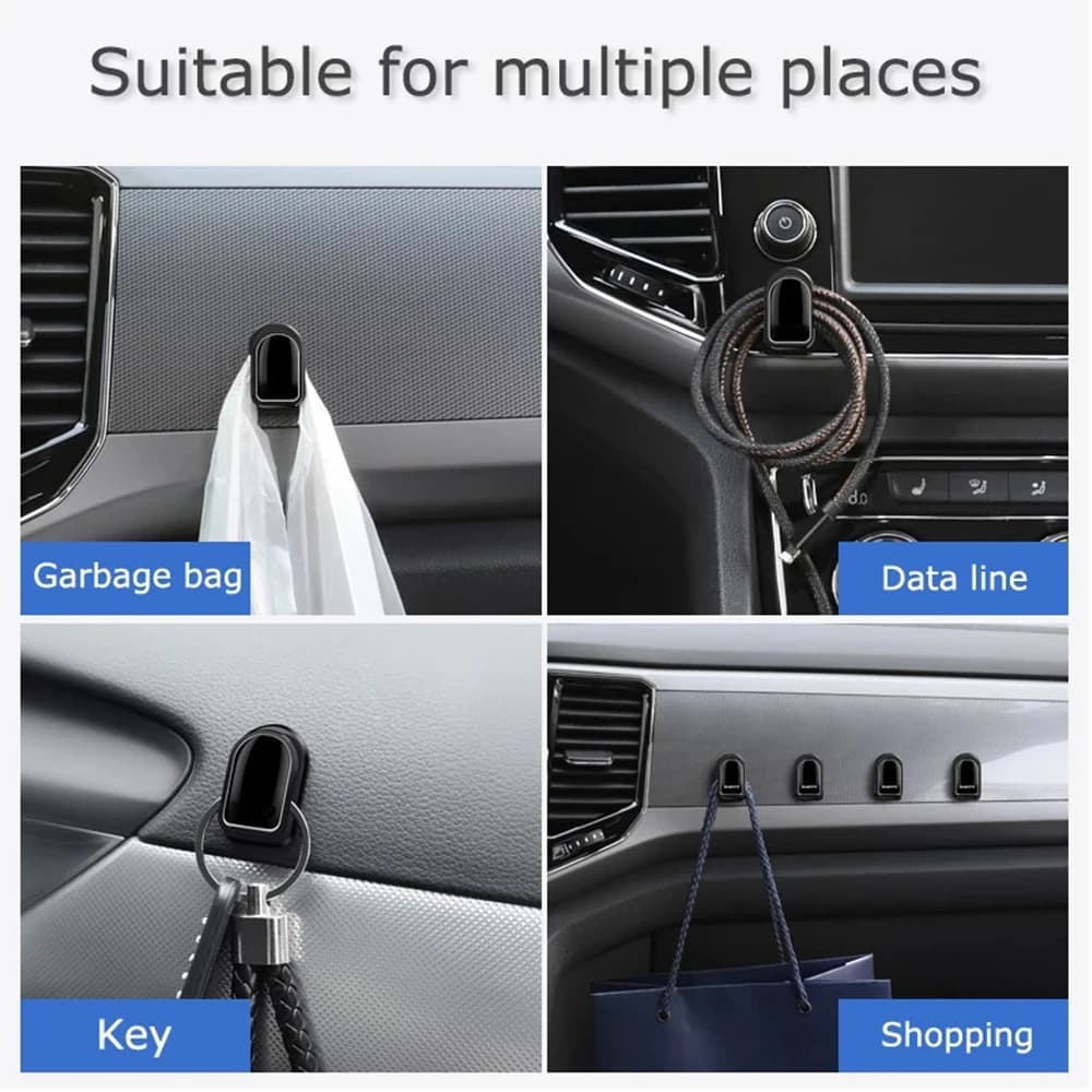 4-Pack Car Hooks: In-Car Organizer for USB Cables, Headphones, and Keys; Self-Adhesive Dashboard/Interior Wall Hooks
