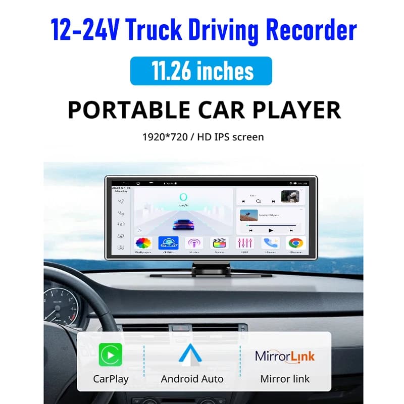 Dashcam per camion da 11,26" DVR 12-24V Registratore universale per cruscotto per auto Immagine di retromarcia Wireless Carplay BT
