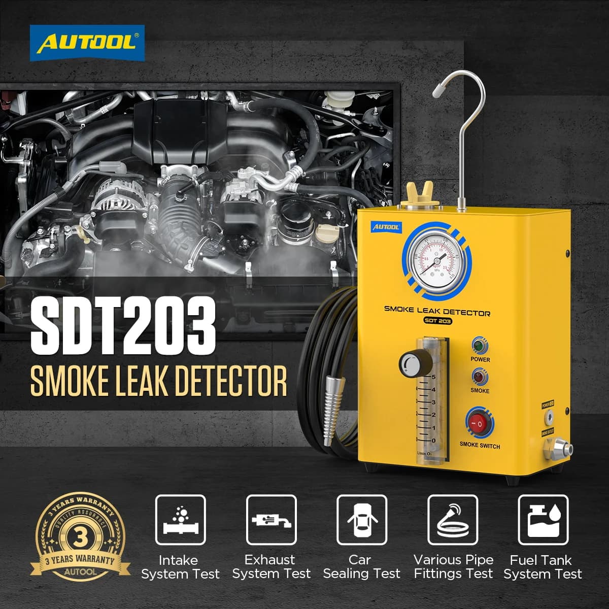 Rilevatore di perdite di fumo per auto Autool SDT203, strumento diagnostico per tubi e sistema EVAP, produttore diretto