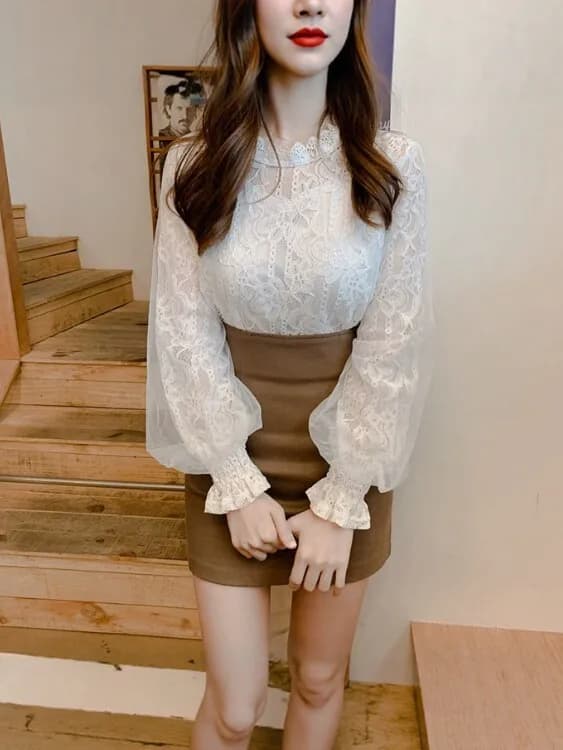 Camicetta da donna a maniche lunghe con maniche a sbuffo, scollo rotondo, top in pizzo trasparente, stile dolce, camicia in chiffon vintage in rete