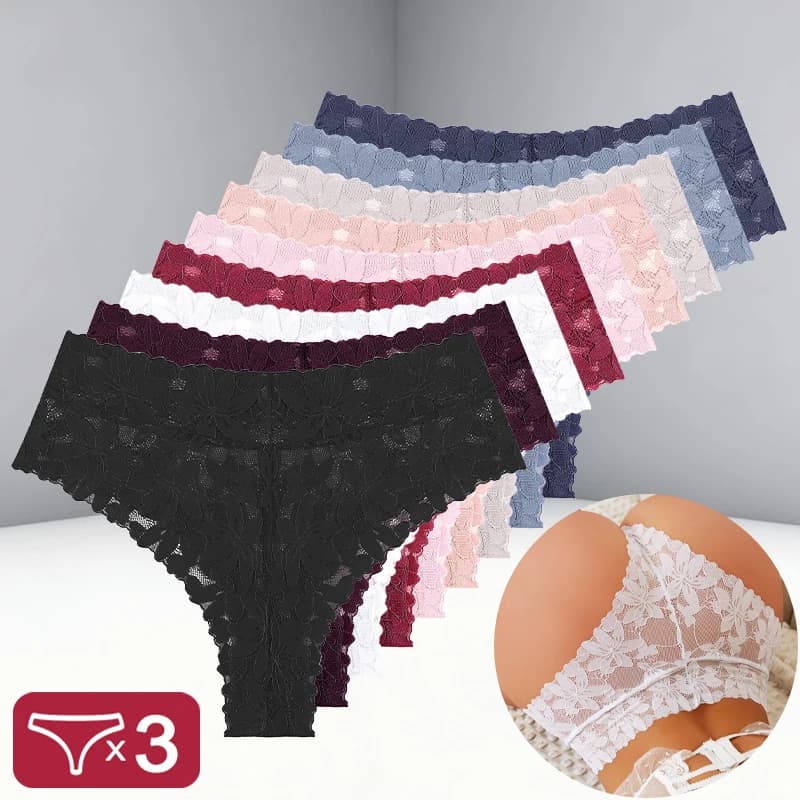 3Pcs/Set Women's Sexy Lace Floral G-string Thongs Hollow Out Perspective Panties High Rise Elastic Breathable Intimates Lingerie