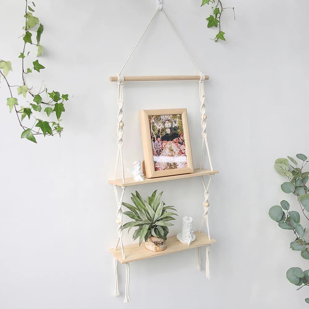 Bohemian Style Flower Pot Display Decor Wall Shelf - Handwoven Macrame Plant Hanger with Fringe and Tapestry for Wall Decoration