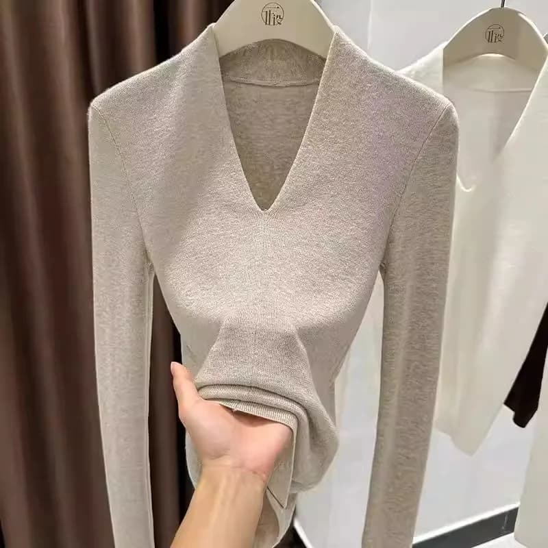 2026 Women Slim Deep V-Neck Base Shirts Korean Style Solid Long Sleeve T-shirt Soft Thin Knit Pullover Tops Office Lady Tees