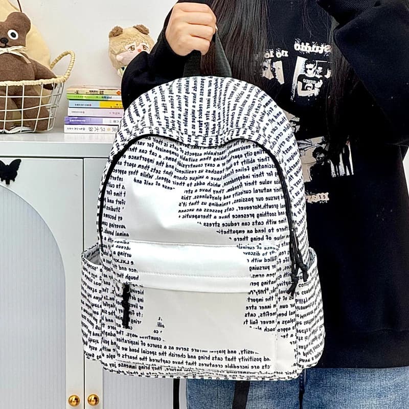 Newsprint Text Cat Silhouette Backpack Women Niche Lettering Patch Front Pocket Travel Daypack Teen School Bags Student Rucksack