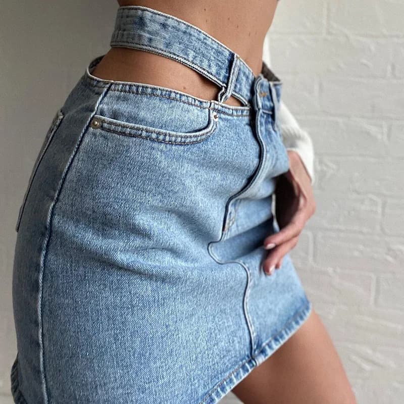 Sexy denim skirt with cut-out in women's waist, high waist washed jeans skirt with carvings, casual streetwear skirt for parties and clubs, fashionable