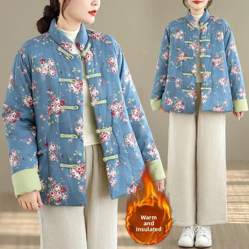 Nuovo Giacca in Cotone Floreale Stile Cinese da Donna, Cappotto Invernale Caldo, Top in Stile Tang a Maniche Lunghe con Collo Alto