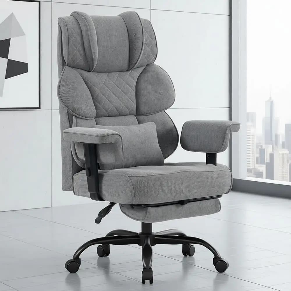 Sedia da gaming ergonomica in tessuto di lino con braccioli e poggiapiedi regolabili, sedia da ufficio grande e alta (grigio scuro)