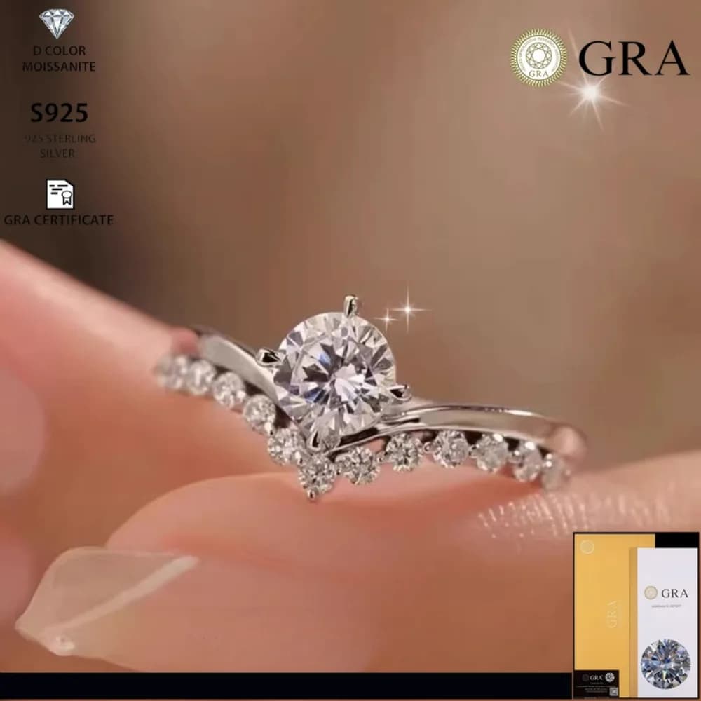 Sterling Silver Ring S925 Ring with Diamond Moissanite Women's Shaped Crown V Temperament Light Luxury niche design ring