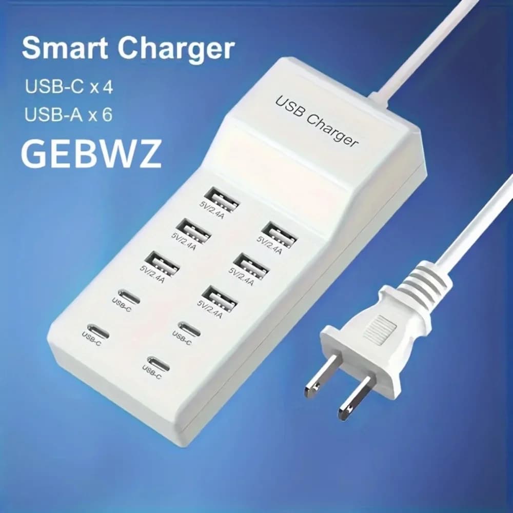 Stazione di Ricarica USB Multipla da 50W con 10 Porte, Caricatore Rapido, Adattatore di Alimentazione AC per iPhone, Samsung, Huawei, Tablet, da Viaggio
