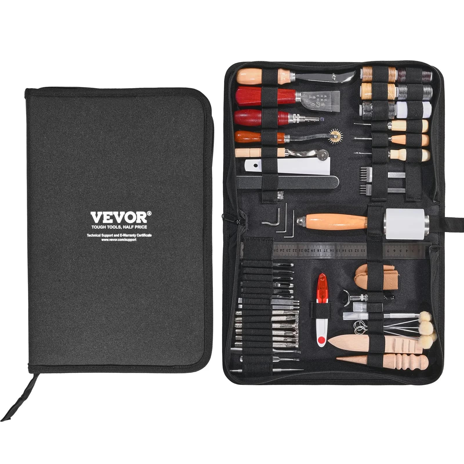 Kit di Strumenti per Lavorazione del Cuoio, 59 Pezzi con Borsa Portatile in Tela, per Incisione, Punzonatura, Cucitura e Stampaggio