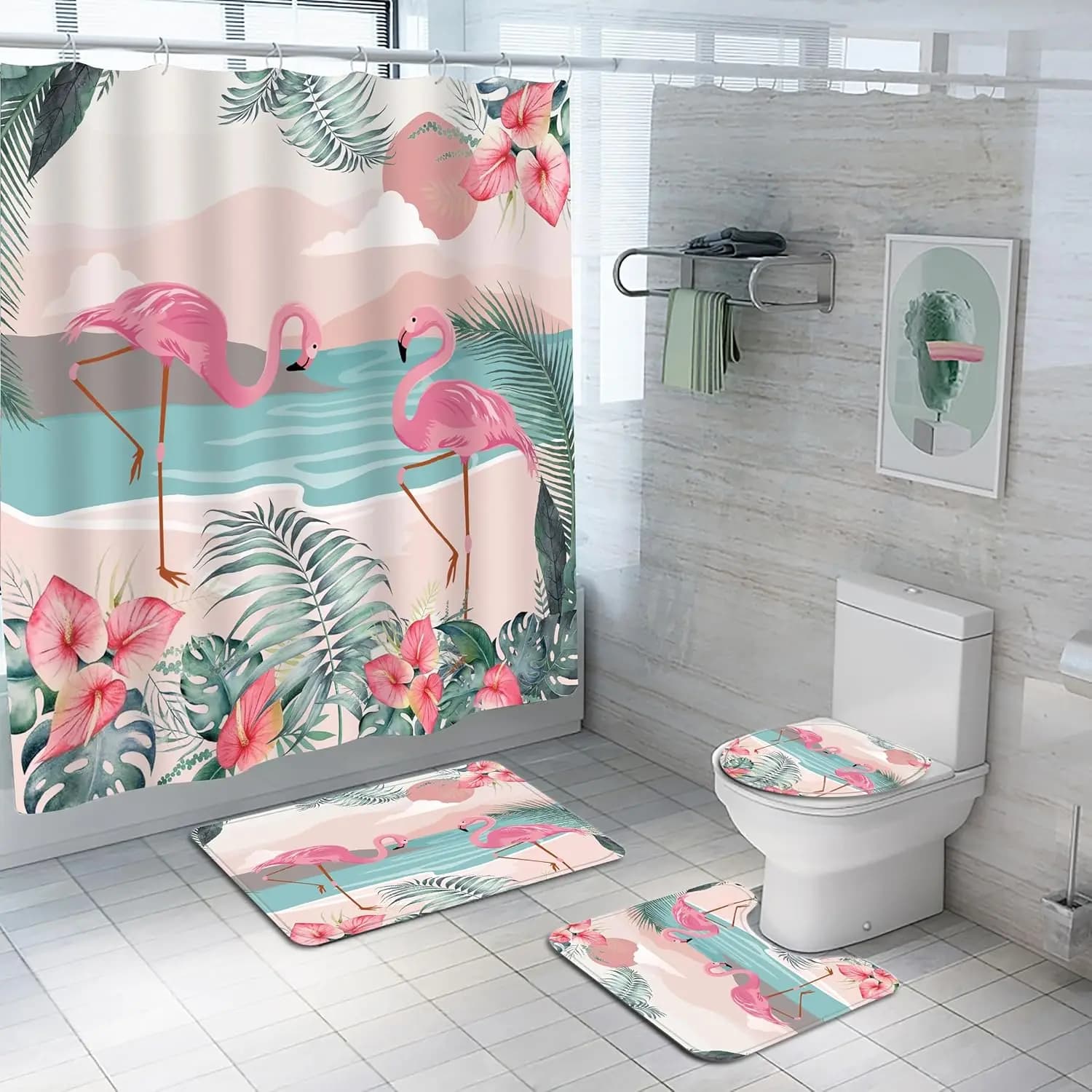Set di tende da doccia con fenicotteri da 4 pezzi, set da bagno con fenicotteri con tenda da doccia, tappeto per coperchio del WC, tappetino per contorno e tappetino da bagno,