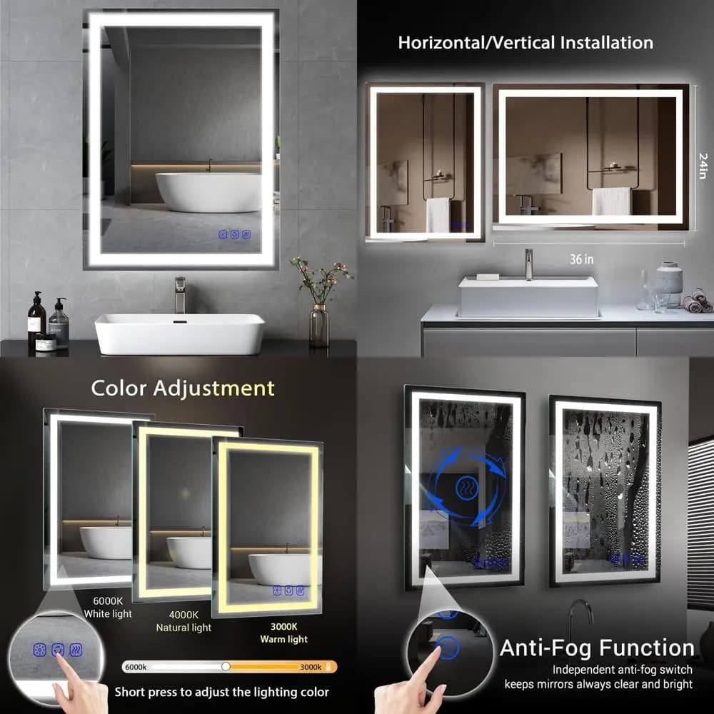 Specchio da bagno illuminato a LED intelligente, specchio cosmetico dimmerabile con touch screen a parete 36x24 con regolazione continua della luce