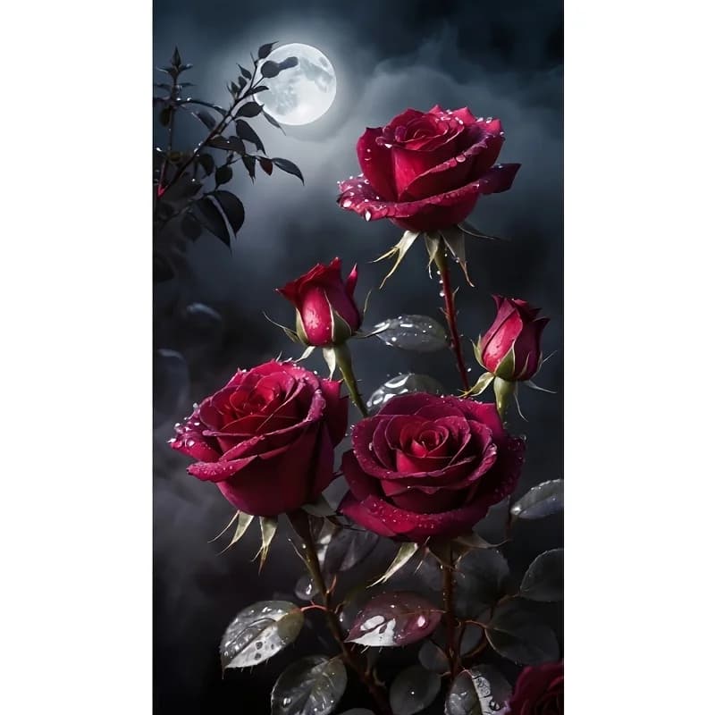 Kit Pittura Diamante 5D, Rose Rosse che Sbocciano sotto la Luce Lunare, Arte Decorativa, Ricamo con Diamanti Rotondi, Fai da Te Completo di Diamanti