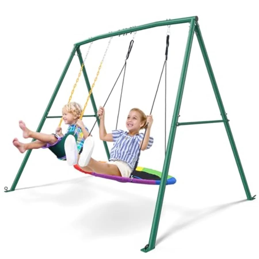 Set Altalena da Giardino con Capacità di 200 kg - Parco Giochi Esterno a 2 Posti con Altalena a Disco e a Cinghia, Struttura Robusta in Metallo a Forma di A