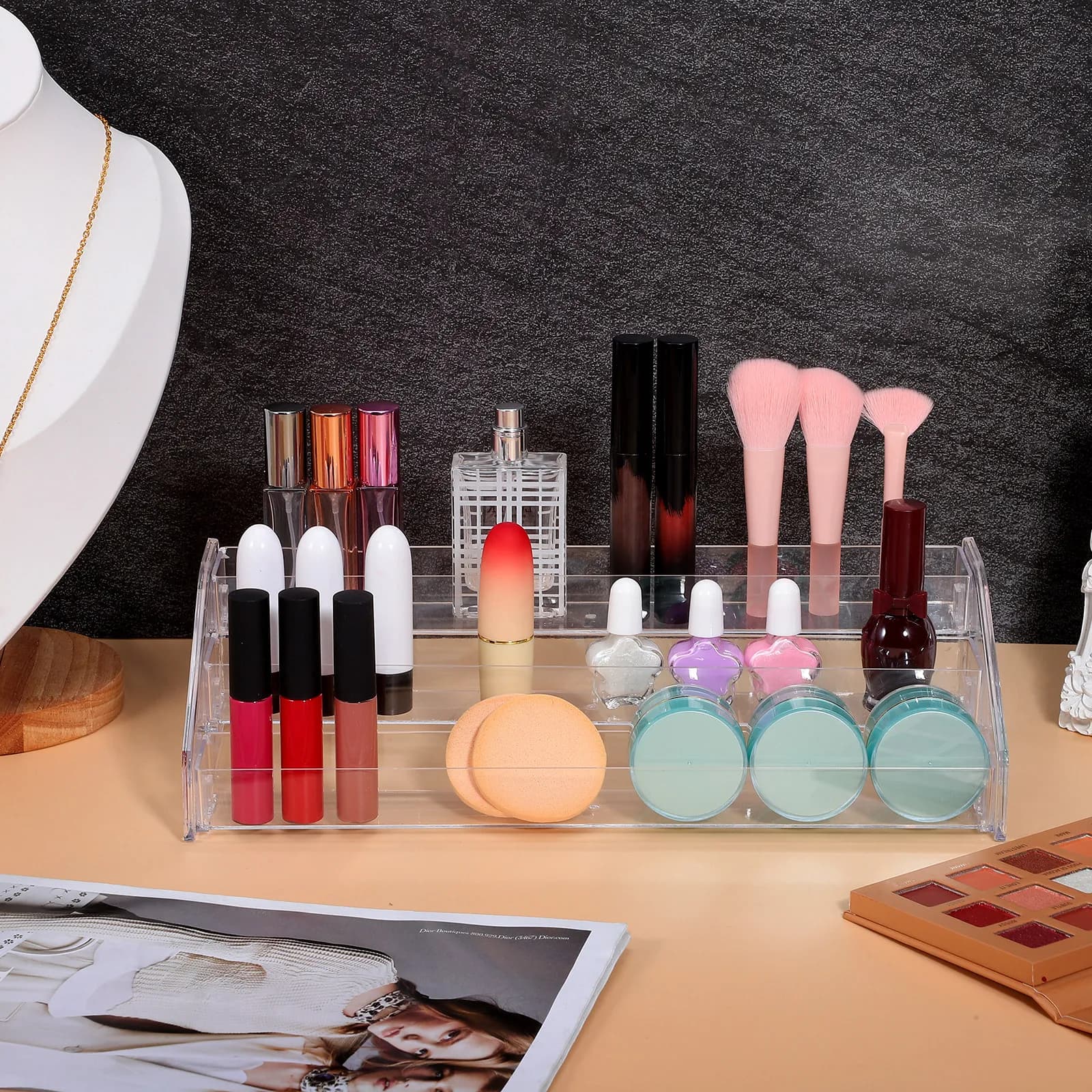 Organizer per Trucchi in Acrilico per Vanity, Porta Palette Ombretti con Design a Scomparti, Trasparente per Profumi, Smalti e Blush