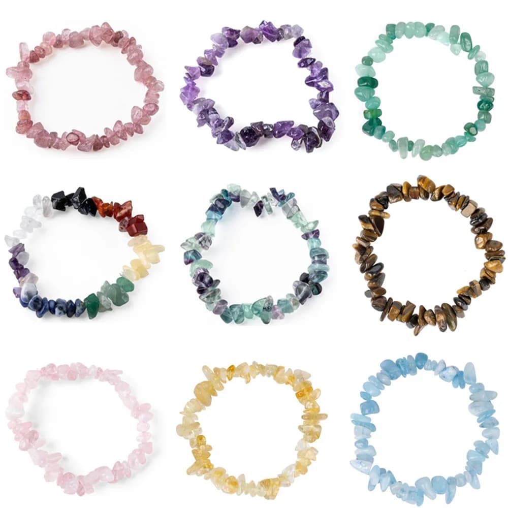 Natural Crystal Chip Bracelet Irregular Chakra Healing Gemstone Stretch Bracelets Reiki Yoga Relieve Anxiety Women Girls Jewelry