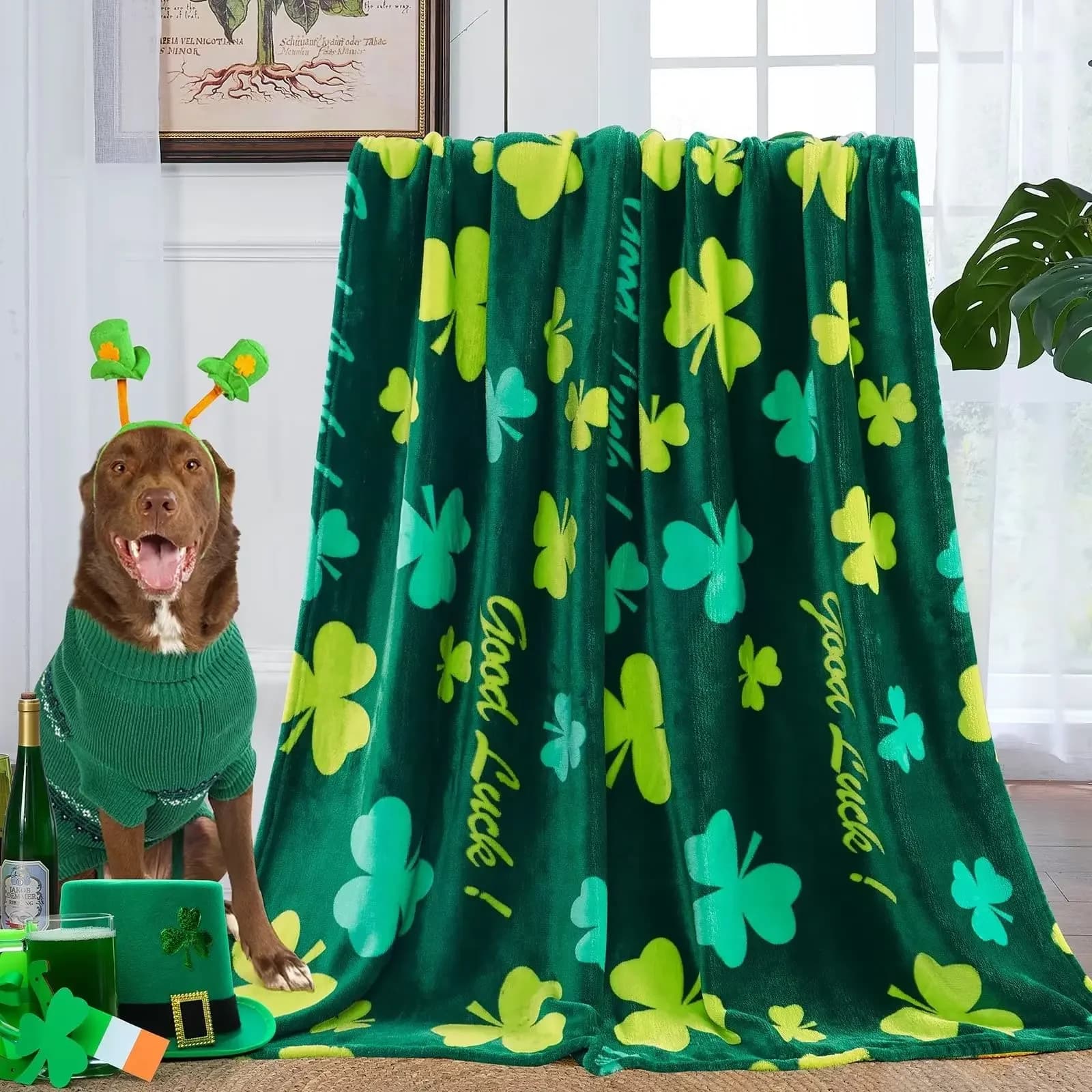 Coperta per il Giorno di San Patrizio, Design con Trifogli e Shamrock, Morbida Coperta in Flanella, Coperte Verdi con Foglie e Gnomi, Coperta per Letto e Divano
