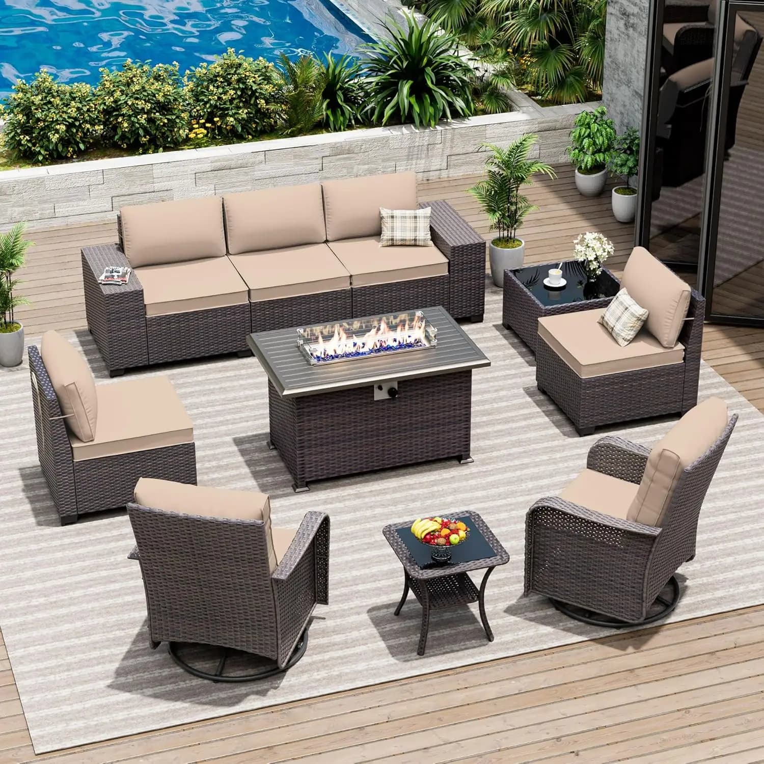 Set di Mobili da Esterno 10 Pezzi con 2 Sedie Girevoli, Divano Componibile, Tavolo con Braciere a Gas 55000 BTU e Cuscini, Personalizzabile