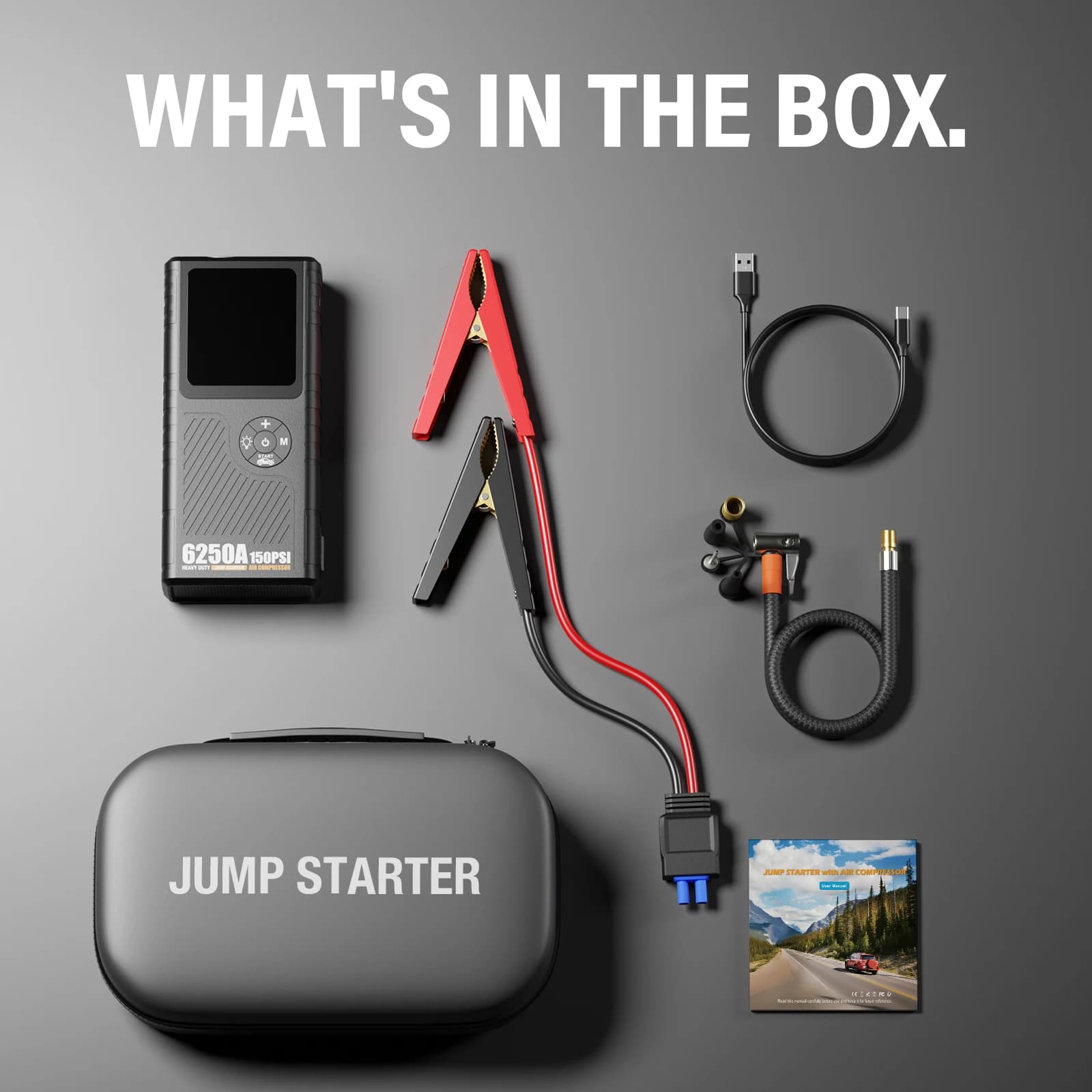 2025 vendita calda 18000mAh 6250A PRO MAX Car Jump Starter Power Bank con compressore pompa aria 150PSI per gonfiatore pneumatici 4 in 1 Multif