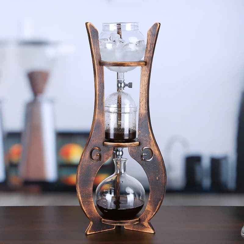 Home Supporto in legno Vetro borosilicato Goccia di ghiaccio Pentola Torre fredda ghiacciata Gocciolamento Caffettiera commerciale per birra fredda