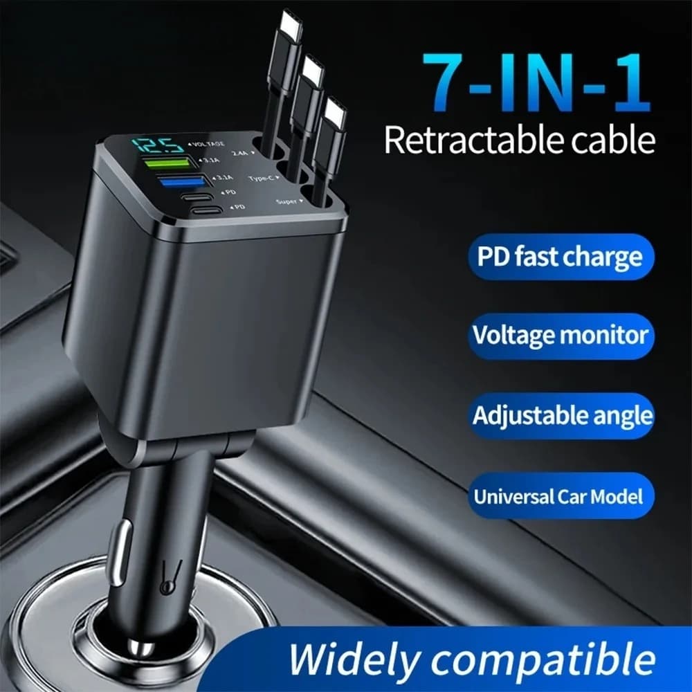 Caricabatterie da auto USB PD 7 in 1, caricatore super veloce con cavo retrattile Type C, adattatore per accendisigari per iPhone, Xiaomi, Huawei, Samsung