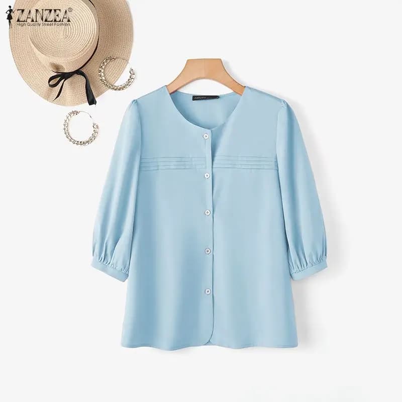ZANZEA Camicie Eleganti da Donna, Blusa Casual con Maniche a 3/4, Collo Tondo, Bottoni, Stile Coreano, per Ufficio, Estate 2026