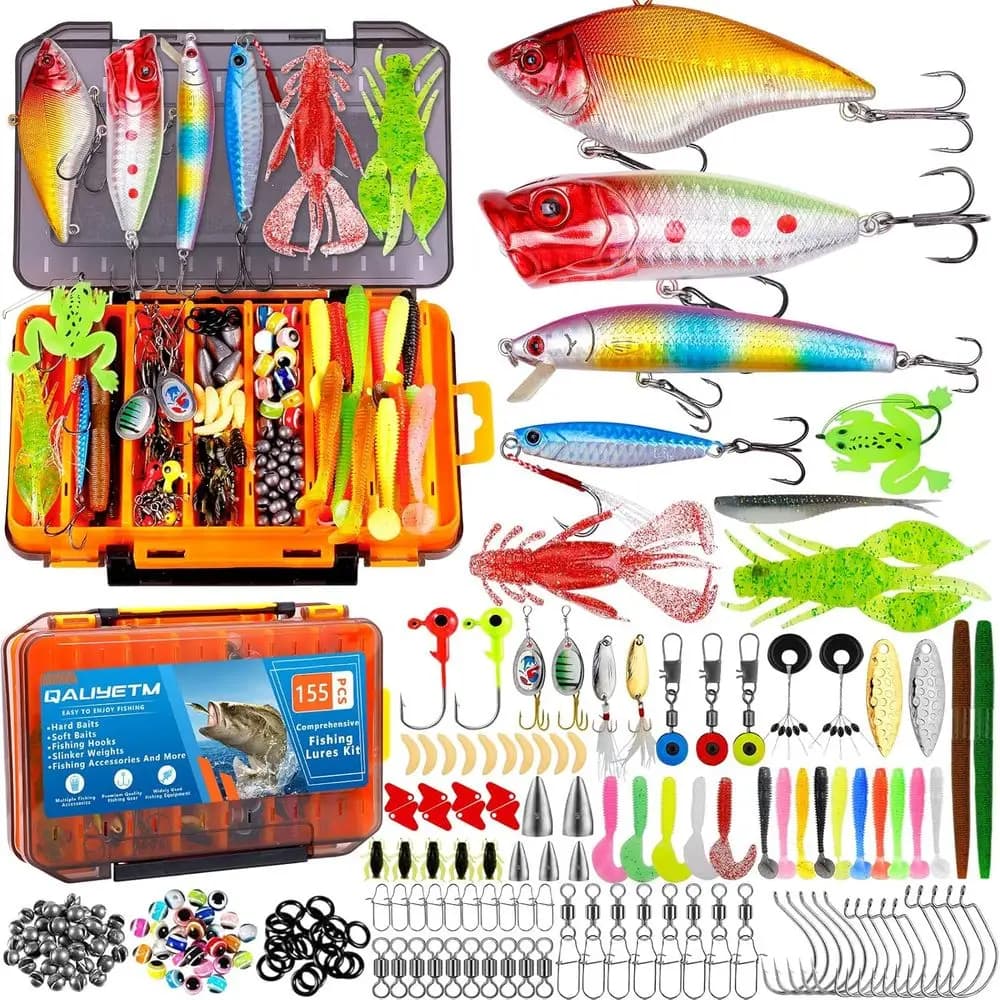 Complete set of 155 pieces fishing baits with box for equipment, hooks, VIB, fish, spoons, soft baits, weights for fresh water fish for bass