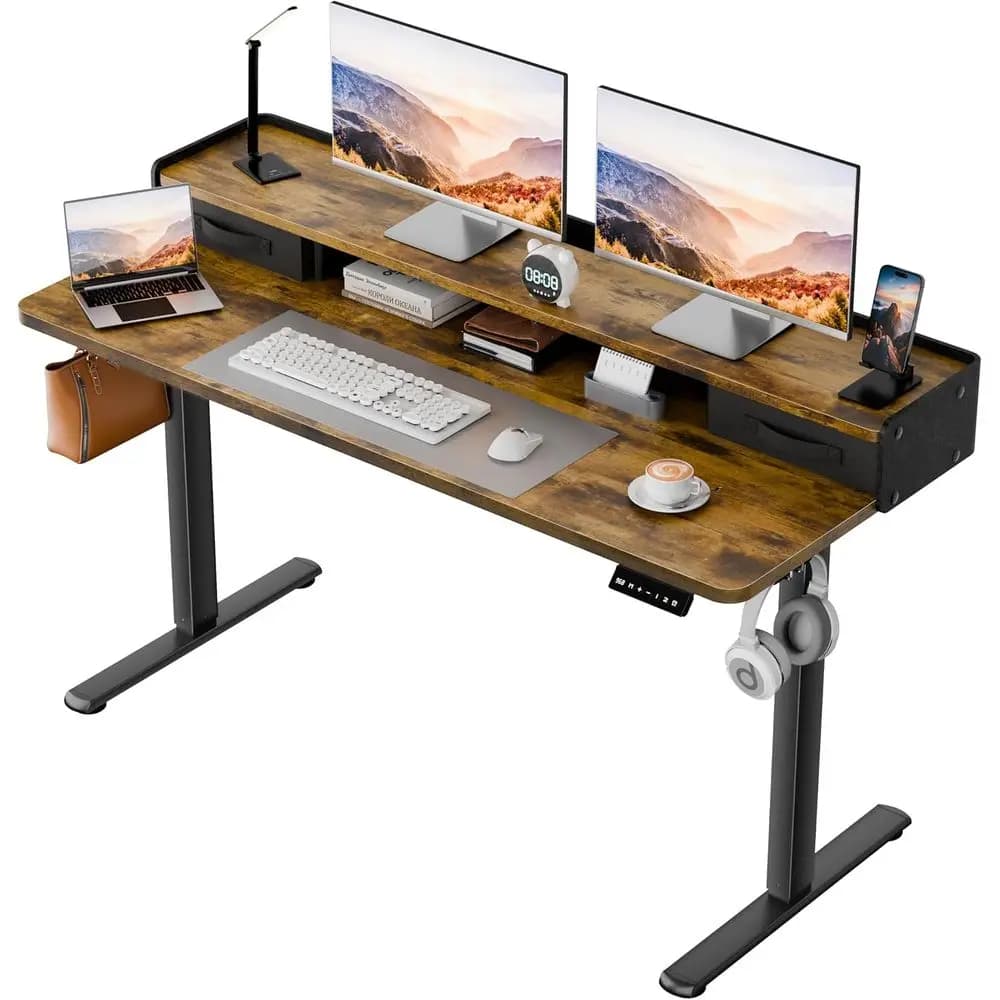 Scrivania Elettrica Regolabile in Altezza 48 Rustic Brown, con 2 Cassetti, Ripiano per Monitor e Pannello Divisorio per Ufficio Domestico
