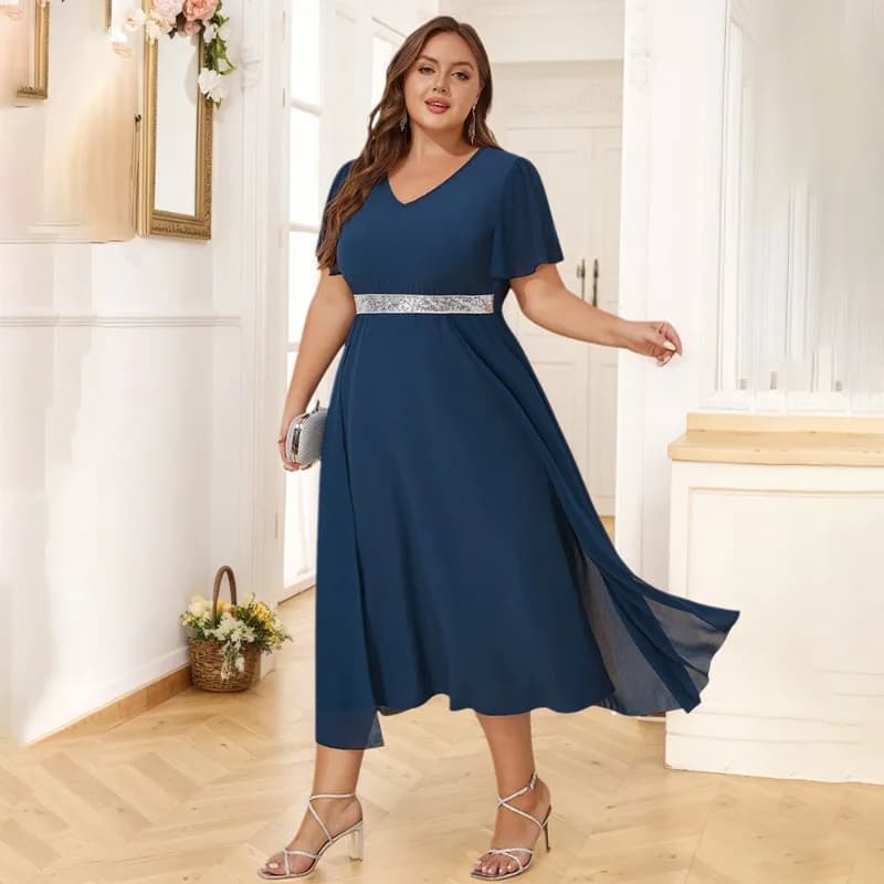 Abito elegante a pendolo con paillettes in chiffon con trama con scollo a V di grandi dimensioni