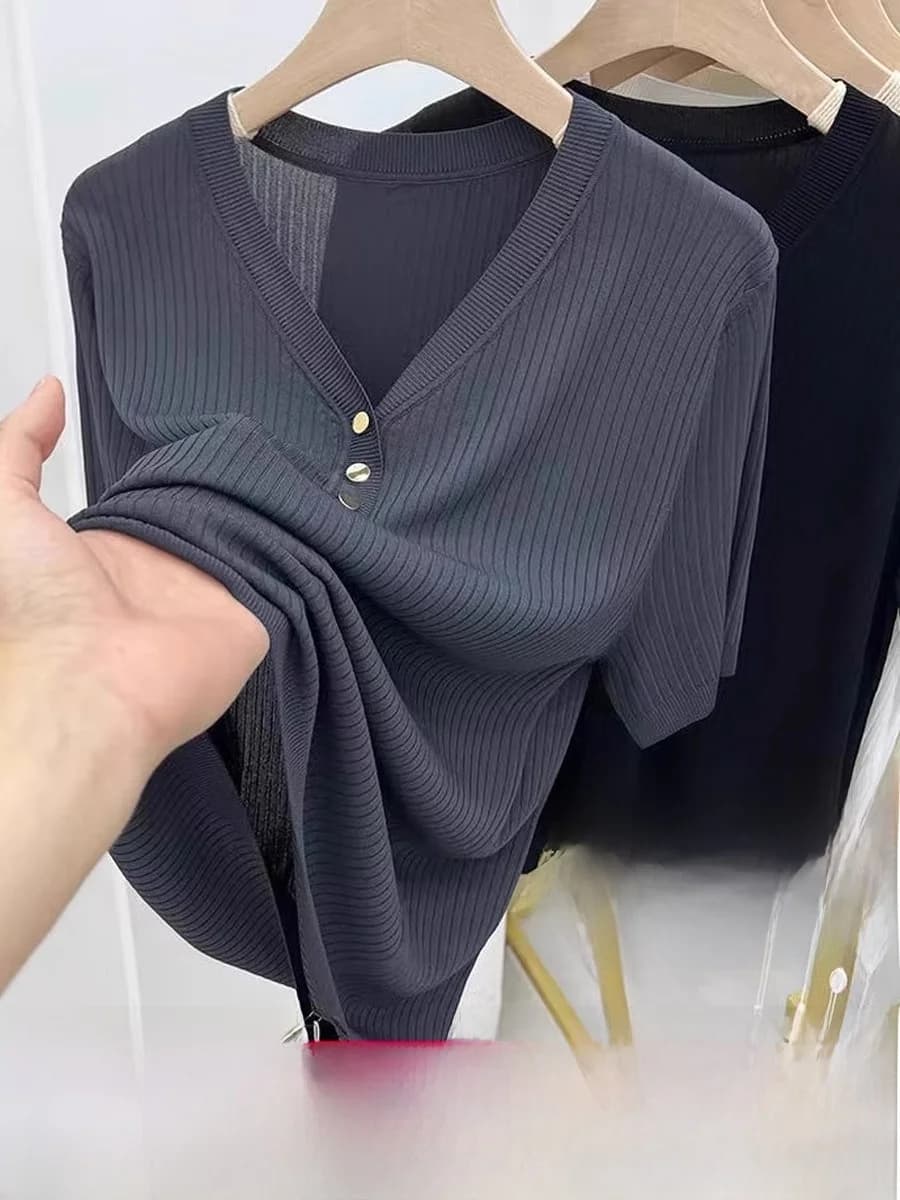 plus Size Short Sleeve T-Shirt Women Summer Thin Loose Belly Covering Knitted Ice Silk V-Neck Versatile Casual Wear Regular Fit