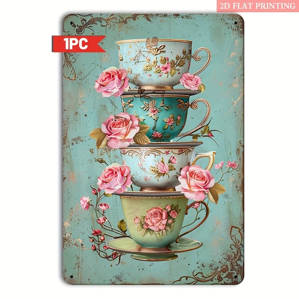 2D Flat, 2D Flat 1pc, Retro Tea Party Aesthetics Retro Wall Decor - Not Real Teacups 2D Printed Metal Iron Plate - 8.0X12.0 inch