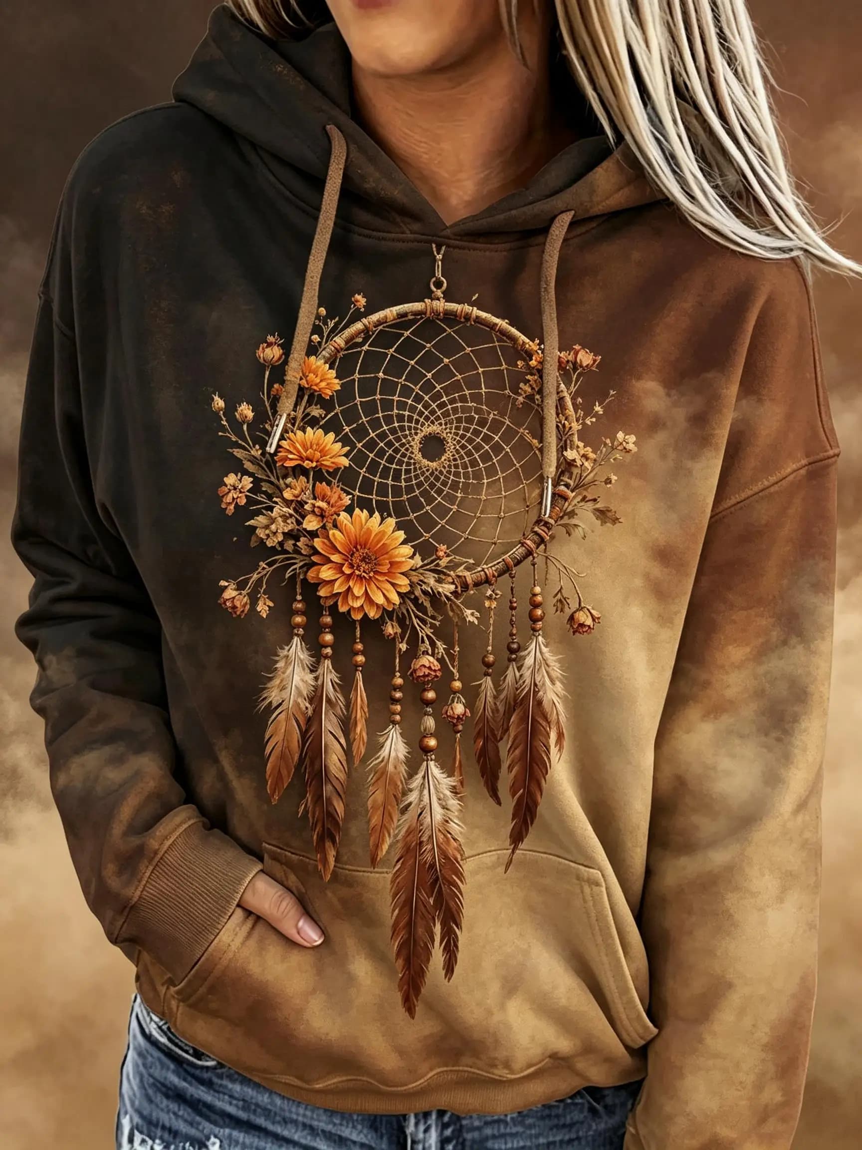 Women Fleece Hoodie Boho Dreamcatcher Sunflower Print Tie‑Dye Long Sleeve Drawstring Pocket Loose Casual Hooded Sweatshirt