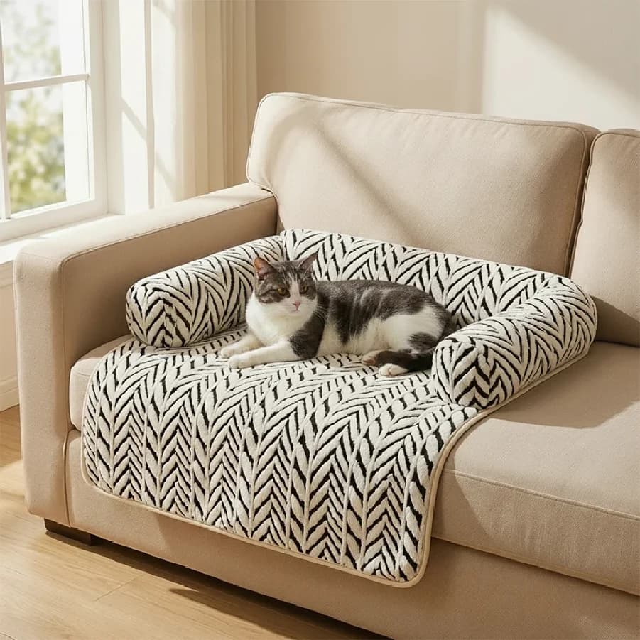 Pet Sofa Bed Mat with Side Bolsters Soft Fluffy Couch Protector Mat Anti-slip Dog Cat Bed Sleeping Cushion for Small Medium Pets