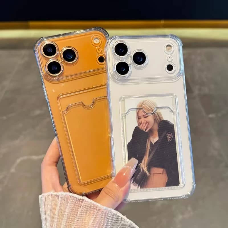 Transparent Card Slot Holder Case For iPhone 14 Plus 15 13 17 16e 12 11 Pro Max 8 7 Plus XS Max XR X SE Soft Shockproof Cover