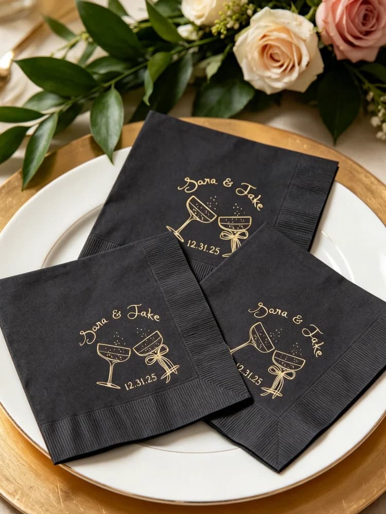 Custom Monogram Champagne Glass Wedding Cocktail Napkins, Personalized Printed Luncheon Dinner Guest Towels, Table Favors