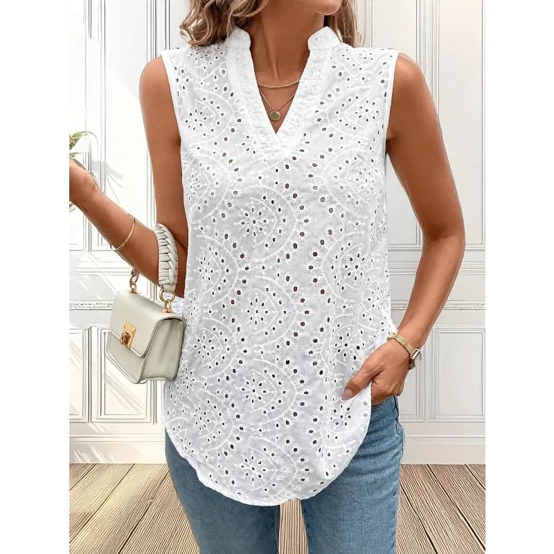 Women's vest with embroidery cable lace size strong Sleeveless elegant vest with V neck White Top Fashionable Top