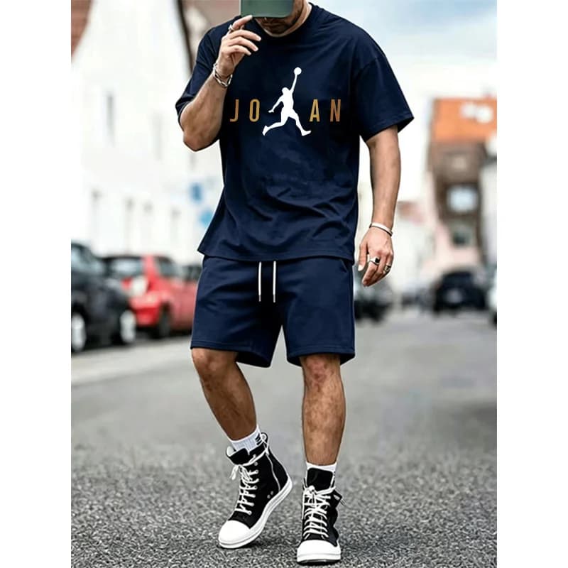 Completo da basket da uomo con stampa, t-shirt e pantaloncini in rete, set casual streetwear 2 pezzi