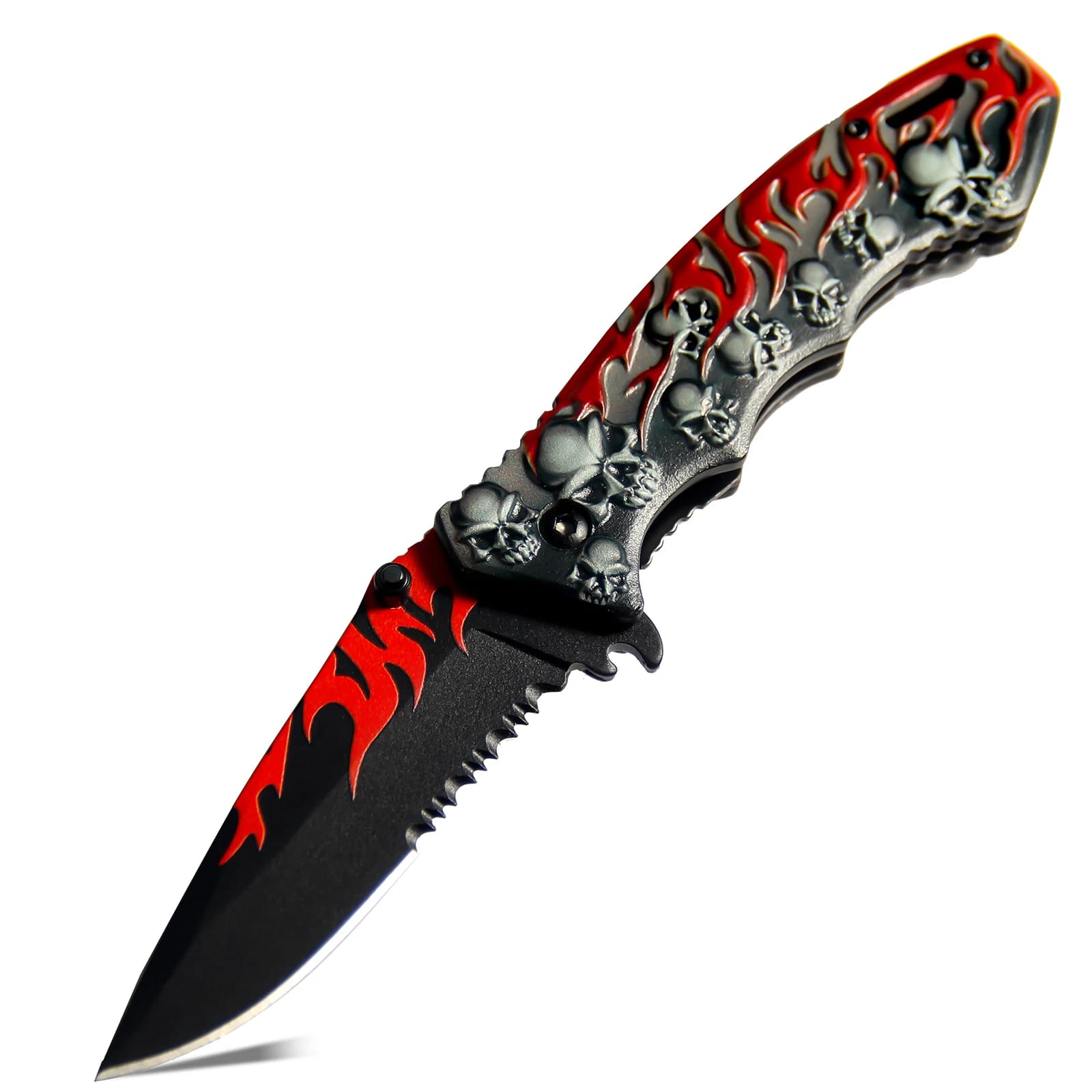Red and black 3D skull handle, comfortable grip, portable enough to fit in a backpack, outdoor folding knife that can be clipped to a pocket