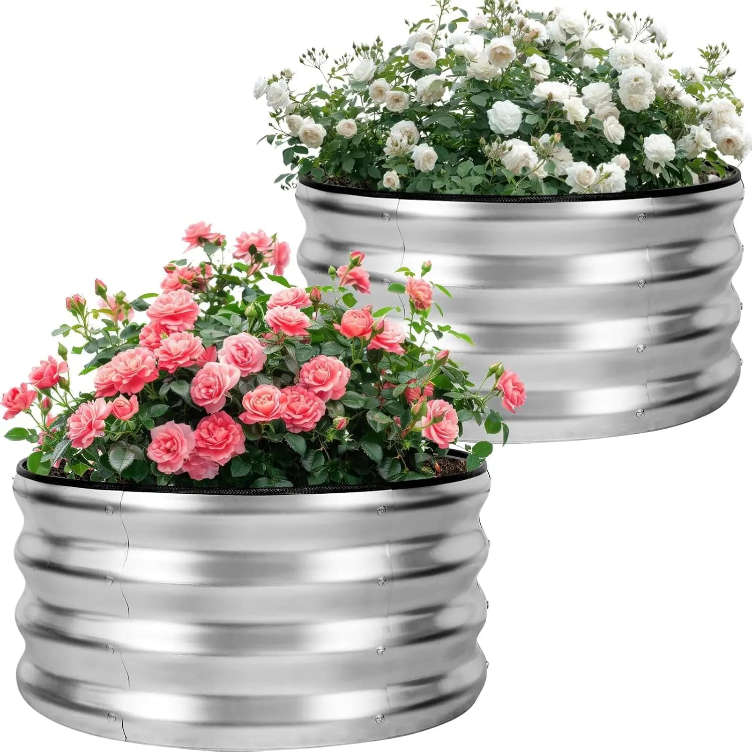 Fioriere Rialzate in Metallo Zincato - Set da 2 Contenitori per Giardino Esterno | Kit per Aiuola Rialzata in Acciaio da 12 Pollici di Altezza e 24 Pollici di Diametro e Anello per Braciere