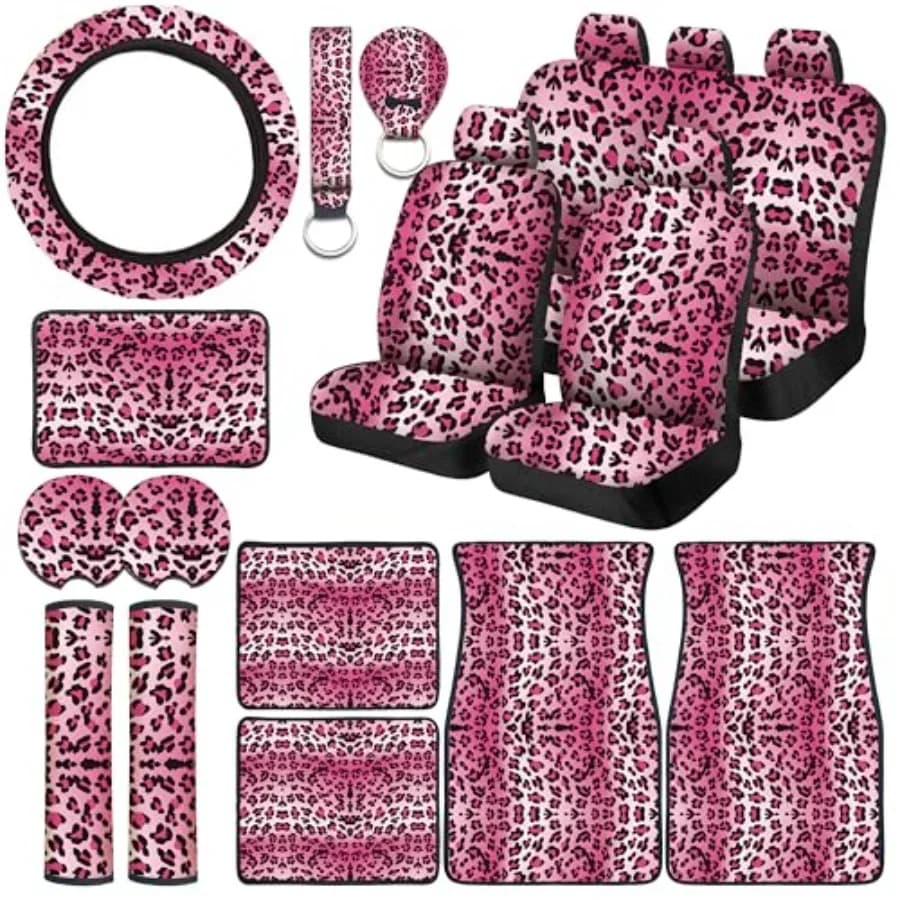 Set Completo di 19 Pezzi Coprisedili Auto con Stampa Leopardata, Coprivolante, Copri Bracciolo Console Centrale, Poggiatesta, Cintura di Sicurezza