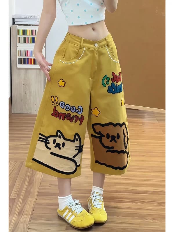 American Style Retro Dog Embroidery Yellow Denim Seven-Five Shorts Loose Fit High Waist Zipper Closure Casual Jeans