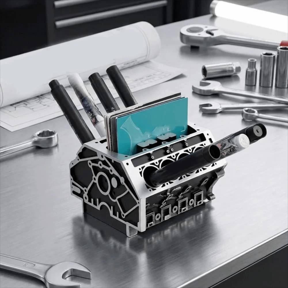 Unique Resin Engine Shape Business Card Holder Black Decorative Engine Block Desk Organizer Large Capacity Pen Holder Hotel