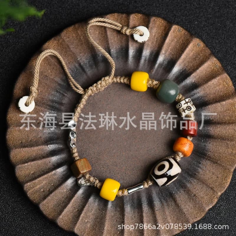 Bracciale a un solo giro da donna con Dzi a tre occhi e multi-tessere, perla buddista, stile etnico vintage